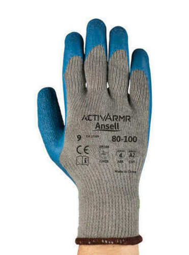 Ansell Reusable Glove 80-100 - ActivArmor - Blue Latex Palm - Gray Polyester Glove - Sz 8 - Crinkle Finish
