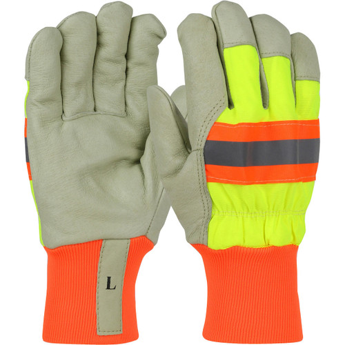 Protective Industrial Products PIP® HVY1555 - 3M™ Thinsulate Lining - Top Grain Leather Palm - Hi-Vis Lime/Org Nylon Reflective Back - Wing Thumb - Knit Wrist