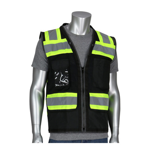 Protective Industrial Products PIP Vest, 302-0800D-BK - Black/Hi-Vis Lime - Class 1 Type 0 - Polyester Mesh - Zipper - Padded Neck - D-Ring Access - 11 Pockets