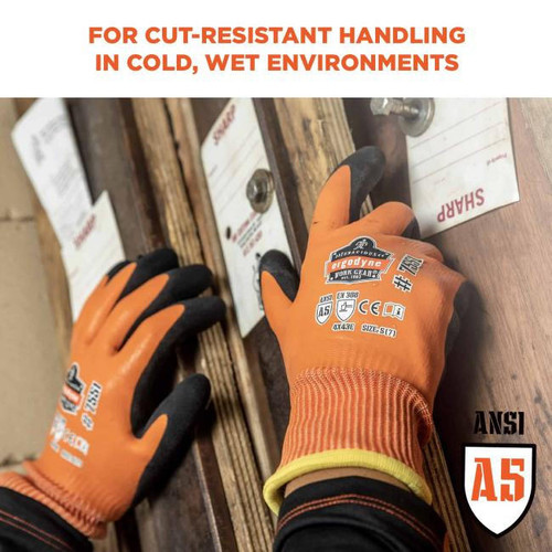 Ergodyne Corporation Ergodyne - Winter Cut Resist Glove - 7551 - Proflex - A5 - Black Nitrile Sandy Foam Palm - Orange HPPE Full Coat Latex Shell - 10g Acrylic Fleece Liner