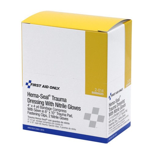  First Aid Only Hema-Seal Bloodstopper Trauma Dressing - 3 pieces (Hema-Seal 8x10 Trauma Pad in 4" x 4yd gauze; 2 Nitrile Exam Gloves) 