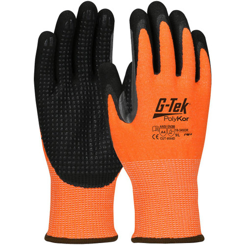 Protective Industrial Products PIP® G-Tek® PolyKor® 16-345OR Hi-Vis Seamless Knit PolyKor® Blended Glove with Double-Dipped Nitrile Coated MicroSurface Grip on Palm & Fingers, Micro Dot Palm and Extended Thumb Crotch 