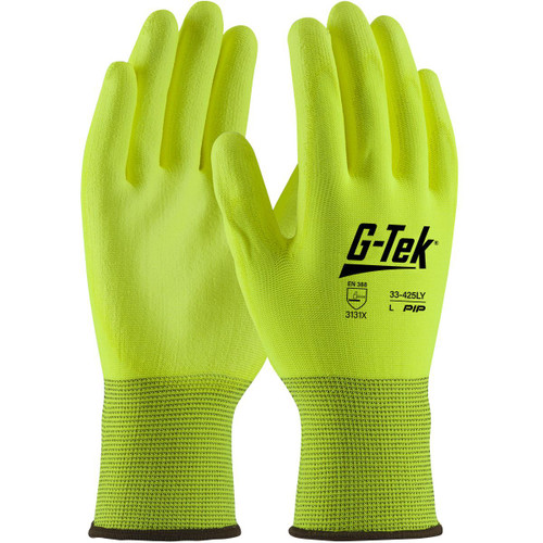Protective Industrial Products PIP® G-Tek® 33-425LY Hi-Vis Seamless Knit Polyester Glove with Hi-Vis Polyurethane Coated Flat Grip on Palm & Fingers 