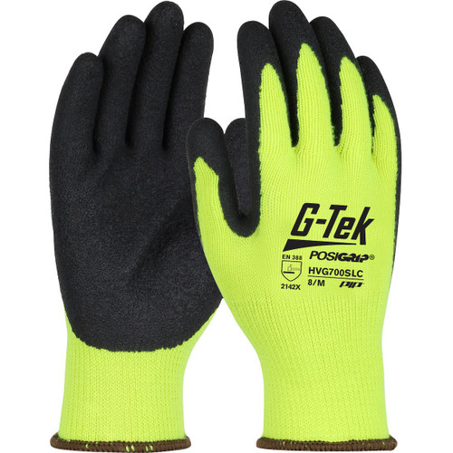 Protective Industrial Products PIP® G-Tek® PosiGrip® HVG700SLC Regular Weight Hi-Vis Seamless Knit Polyester Glove with Latex Coated Crinkle Grip on Palm & Fingers 
