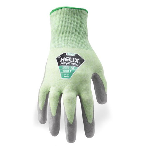 Hexarmor HexArmor Cut Resistant Glove Helix - 1050 - A3 Abr4 Pun2 - Gray PU Palm - Green 18ga HPPE/Nylon Shell 