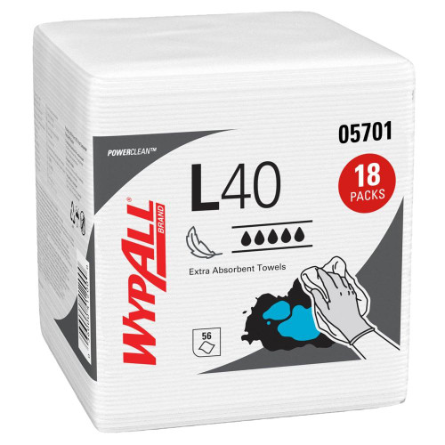 RJ Schinner 5701 - Wiper - Kimberly Clark - Wypall PowerClean - L40 - Extra Absorbent - White - 1/4 Fold - 56 Sheets/Pack - 18 Packs/Case 
