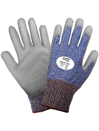  Global Glove PUG617 - Samurai Glove Blue/White HDPE Liner w/ Grey Poly Dipped Pam Cut Level 4 