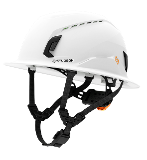 Studson SHK-2 Full Brim safety helmet in white, vented Class C shell with 360-degree brim and Fidlock chinstrap