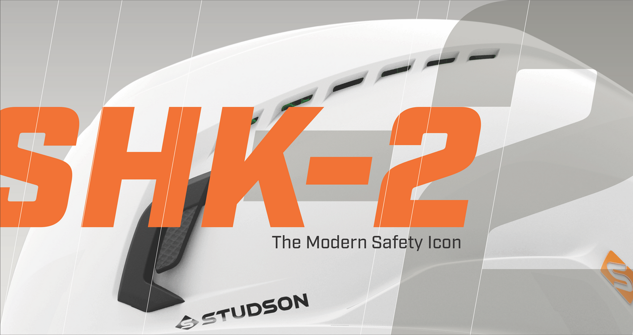 Studson SHK-2 safety helmet, white shell with vents and magnetic buckle detail