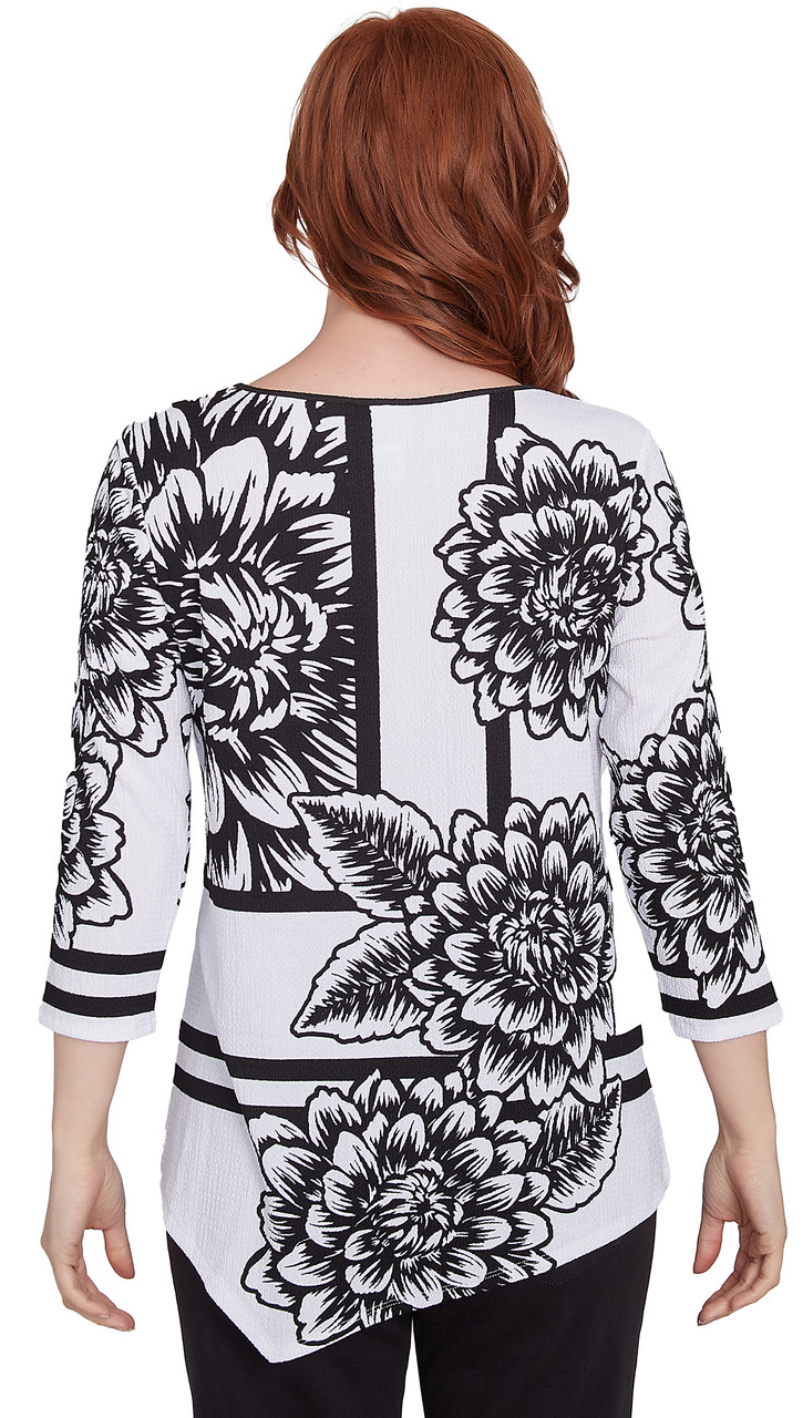 TOP *MISSY* BLACK WHITE FLORAL STRIPE PLACEMENT