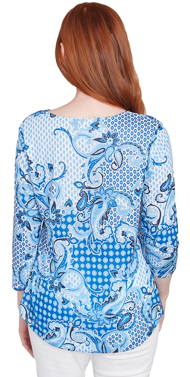 TOP *MISSY* FRENCH BLUE MULTI CBLOCK PRINT KNIT