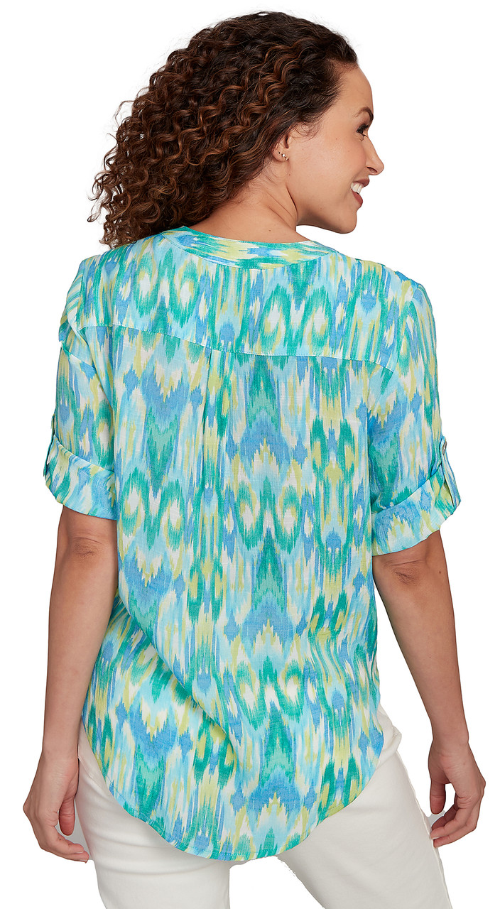 TOP *PLUS* PARROT MULTI TIE FRONT SILKY SLUB