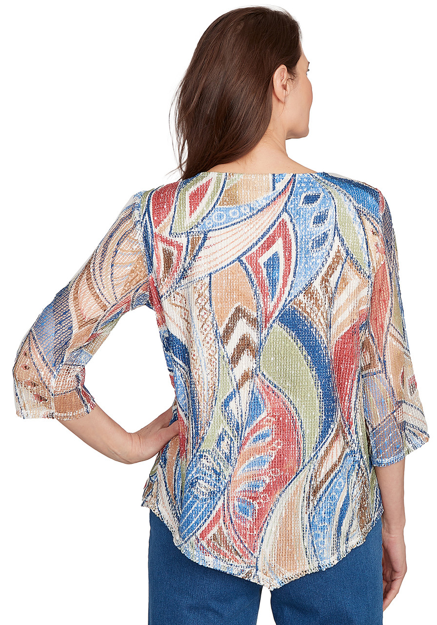 TOP *MISSY* BLUE MULTI PRINT TEXTURE W/NKLCE