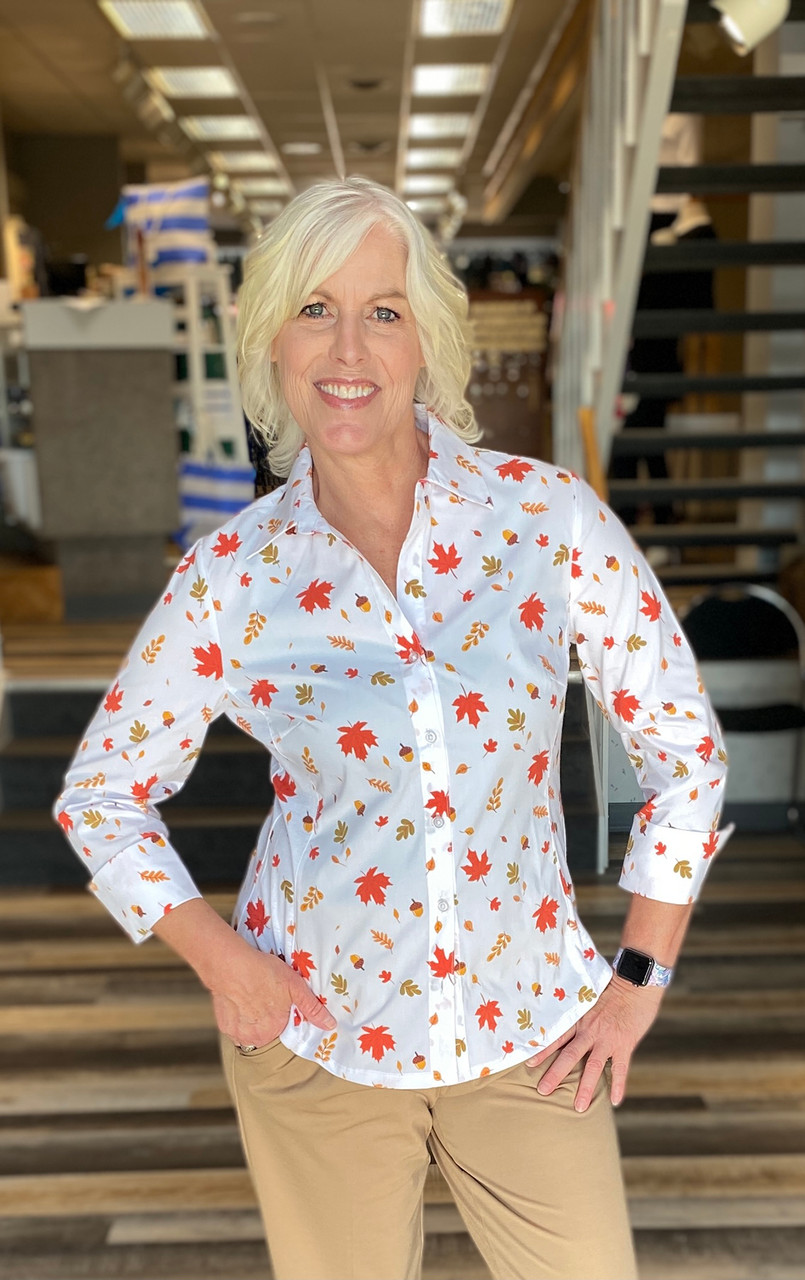 WHITE with fall leaf print