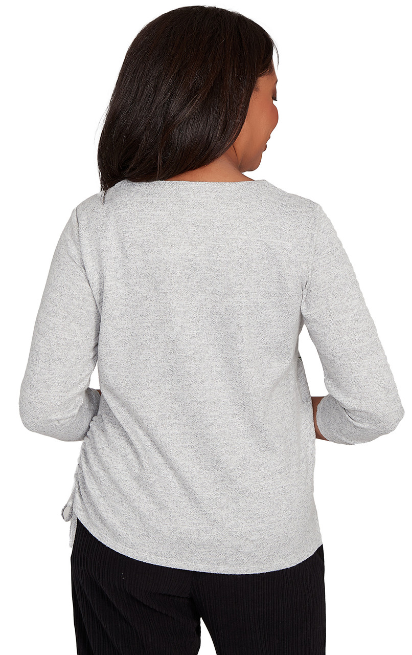 TOP *MISSY* GRAY ASYM FLOWERS EMBRD