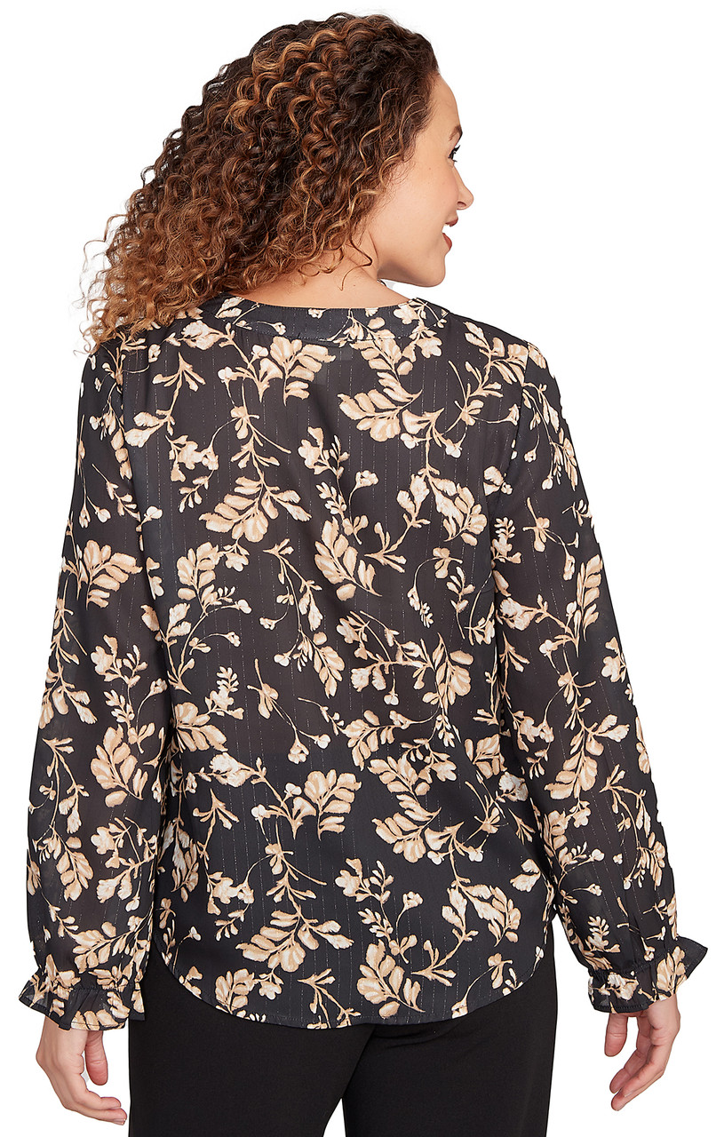 TOP *MISSY* BLACK MULTI L/S VNK BLURRED BLOSSOMS