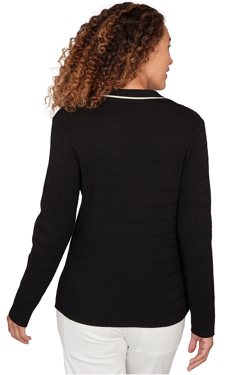 SWEATER *MISSY* BLACK FR OAK LS NTCH NK COLLAR RIB