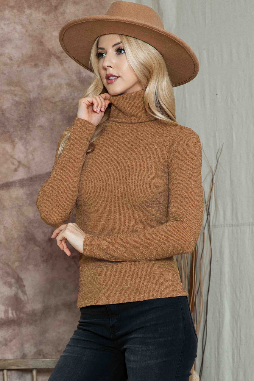 TOP *MISSY* BLACK MOCHA KNIT RIB TURTLE NECK - Four Seasons Direct