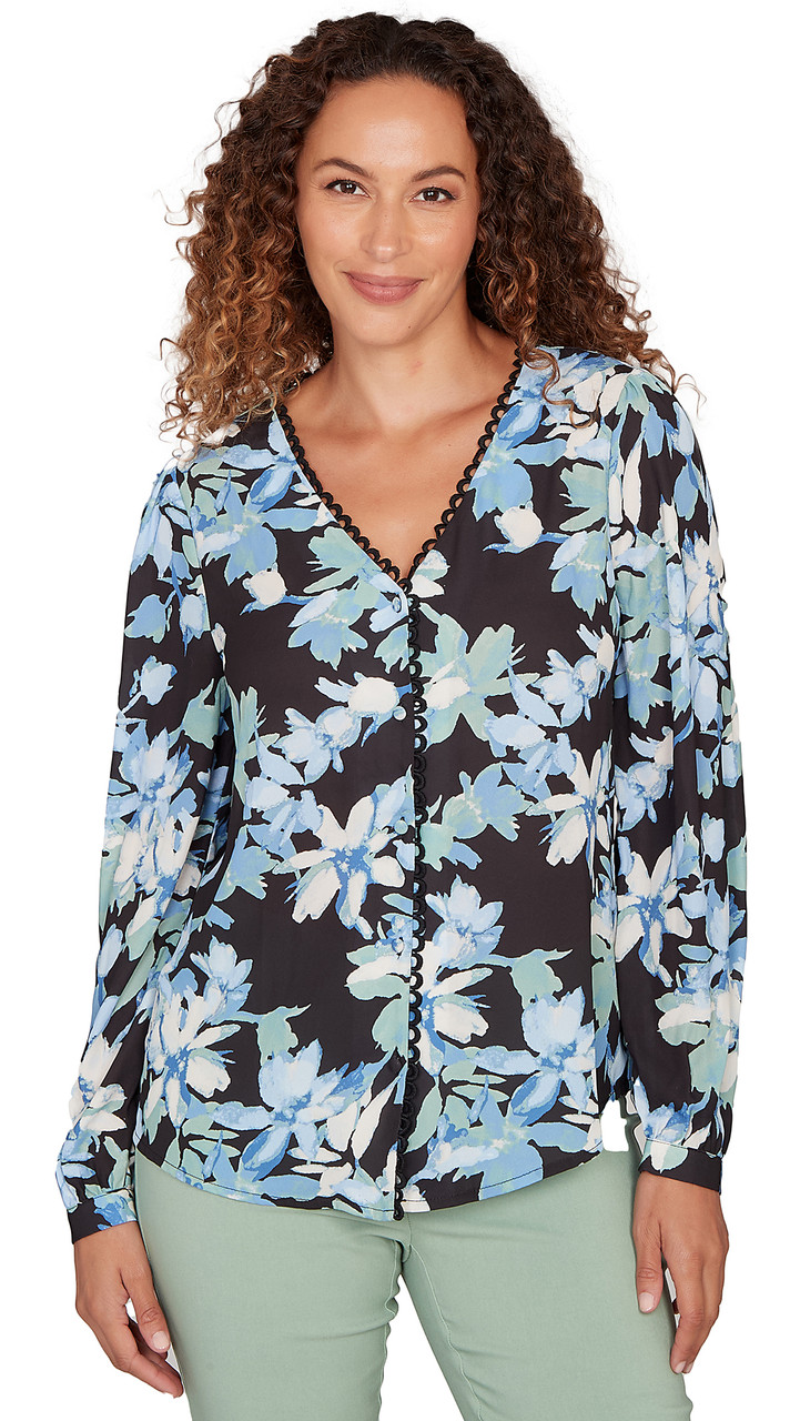 BLOUSE *MISSY* BLACK MULTI L/S W/LACE TRIM - Four Seasons Direct