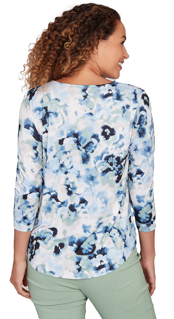 TOP *MISSY* THISTLE BLUE 3/4 SLV OVERLAPPED NK