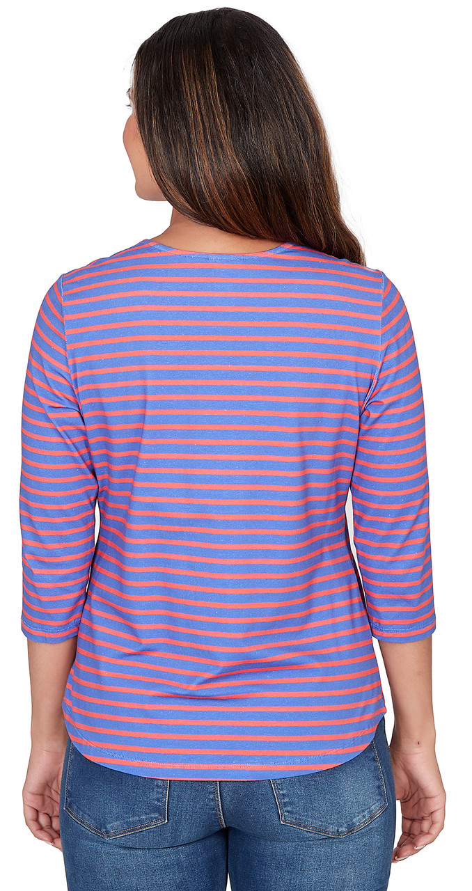 TOP *PETITE* SEA BLUE CORAL ENV NK STRIPE  3/4 SLV
