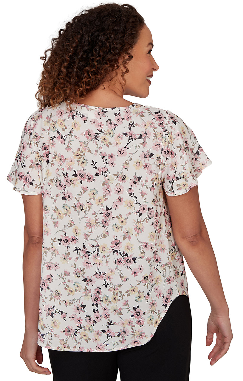 TOP *MISSY* SOFT WHITE FLUTTER SLV FLORAL