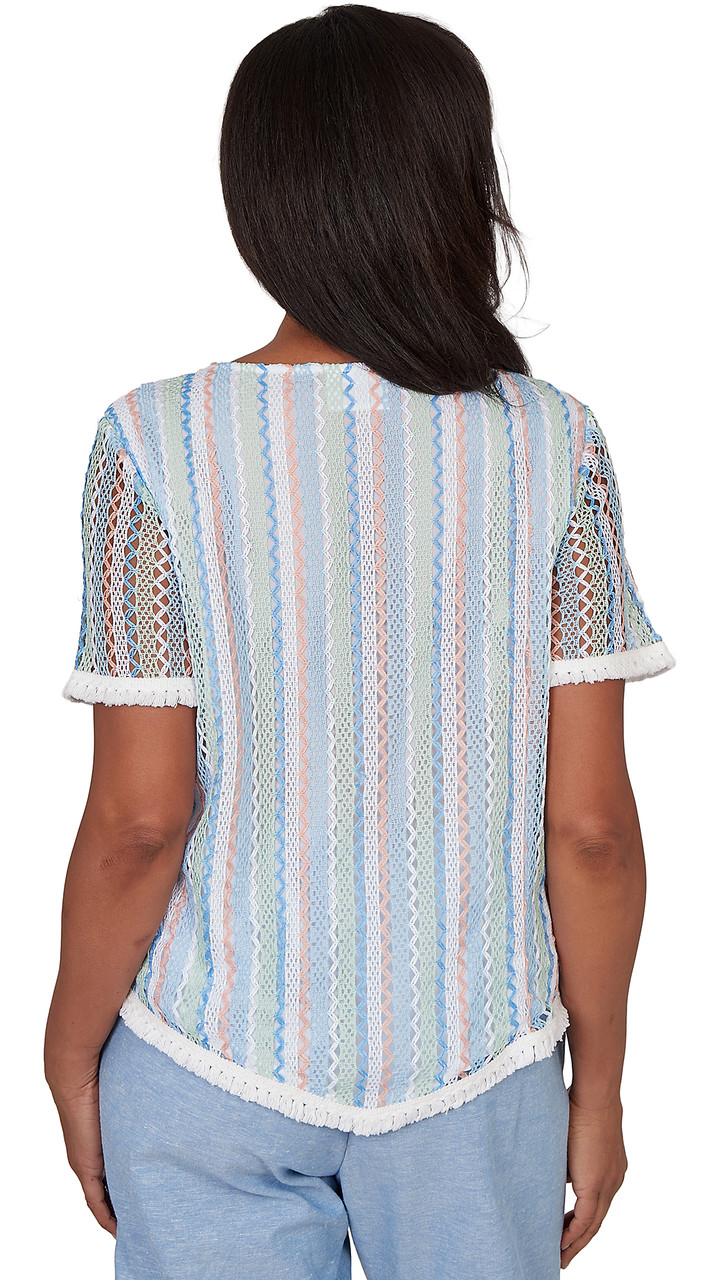 TOP *PLUS* BLUE MULTI TXTRE STRIPE W/FRINGE
