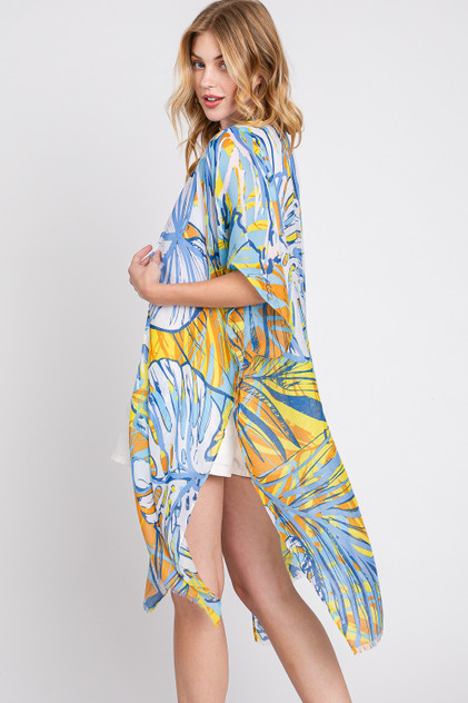 KIMONO *MISSY* BLUE TROPICAL LEAVES