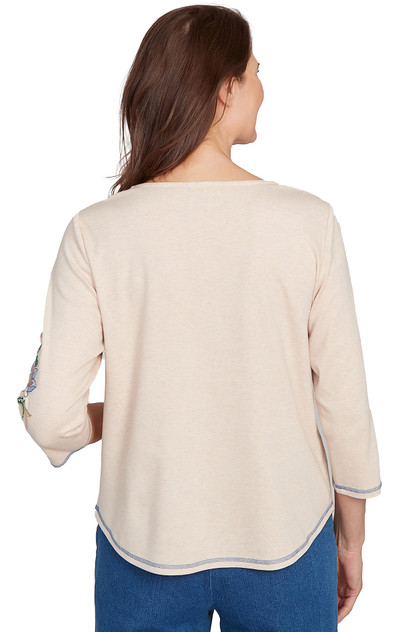 TOP *PETITE* OATMEAL ASYM FLOWER EMBRD TOP *PETITE* OATMEAL ASYM FLOWER EMBRD