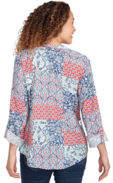 TOP *PETITE* INDIGO MULTI GEO MOTIF PATCHWORK TOP *PETITE* INDIGO MULTI GEO MOTIF PATCHWORK