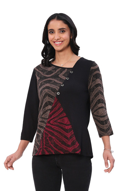 TOP *MISSY* GRAPHITE BURGANDY LETA BTN DTL 3/4 SLV TOP *MISSY* GRAPHITE BURGANDY LETA BTN DTL 3/4 SLV