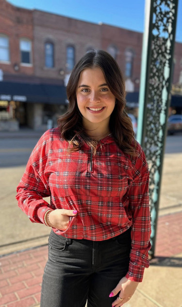 TOP *MISSY*  PLAID HALF ZIP HOODED P/O