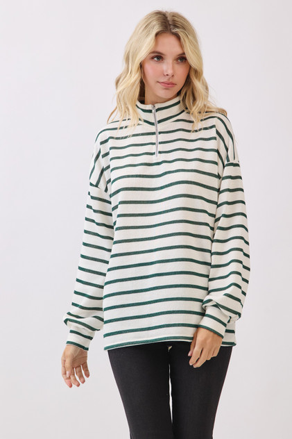 TOP *MISSY* GREEN WHITE STRIPED HALF ZIP PULLOVER