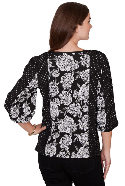 TOP *PETITE* BLACK COMBO FLORAL AND POLKADOT