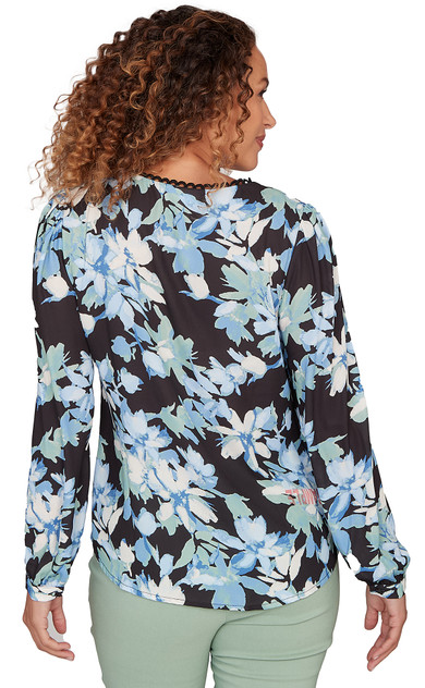 BLOUSE *PETITE* BLACK MULTI L/S W/LACE TRIM