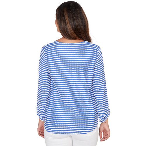 TOP *PETITE* SEA BLUE WHITE VNK SCALLOPED STRIPE