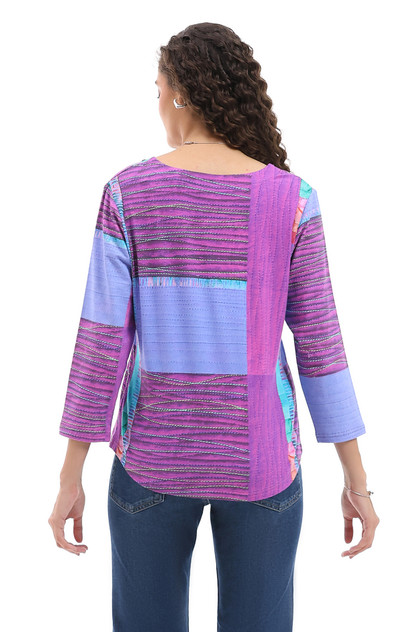 TOP *MISSY* PURPLE MULTI LEXI W/BTN DETAIL 3/4
