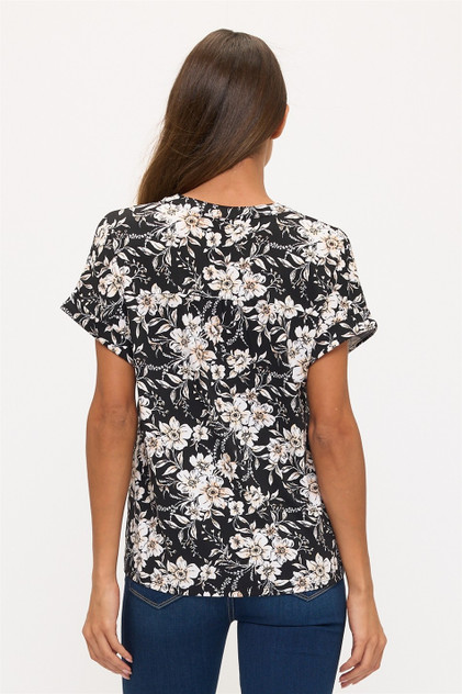 TOP *MISSY* BLACK IVORY TAUPE FLRL PRNT LATTIC S/S