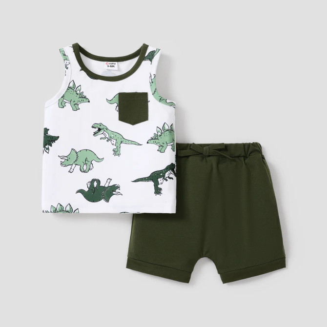 3-6MO GRN DINO TANK SHRT SET