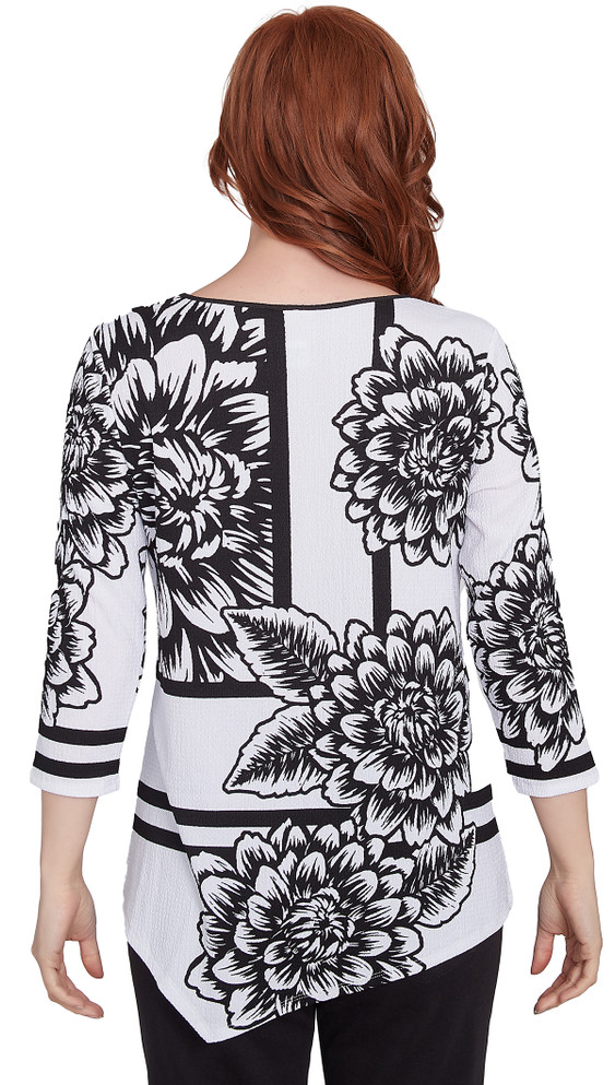 TOP *MISSY* BLACK WHITE FLORAL STRIPE PLACEMENT