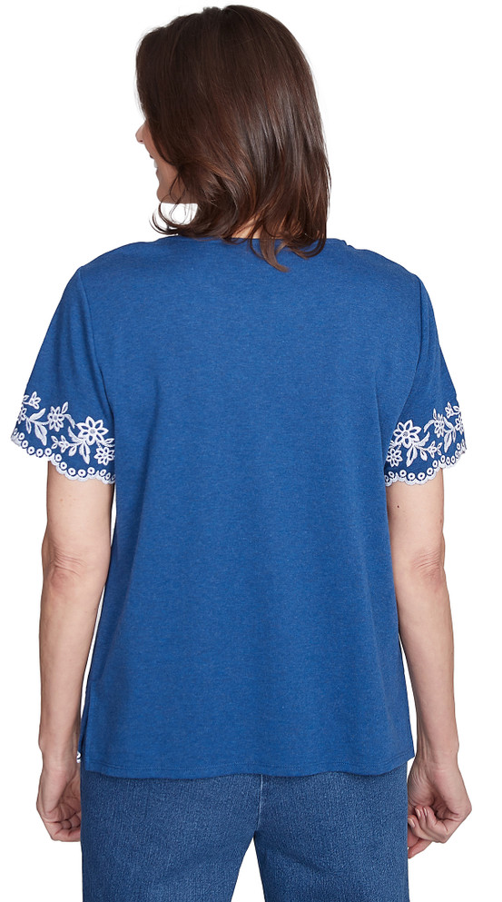 TOP *MISSY* HEATHER NAVY BORDER EMBROIDERY