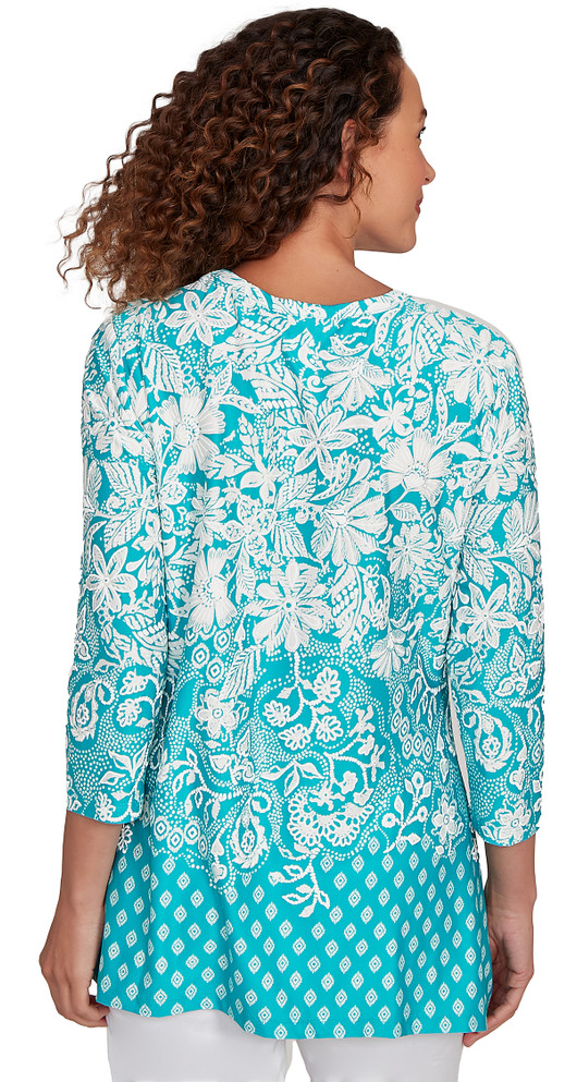 TOP *MISSY* TURQ IVORY PUFF PRINT SHARKBITE HEM