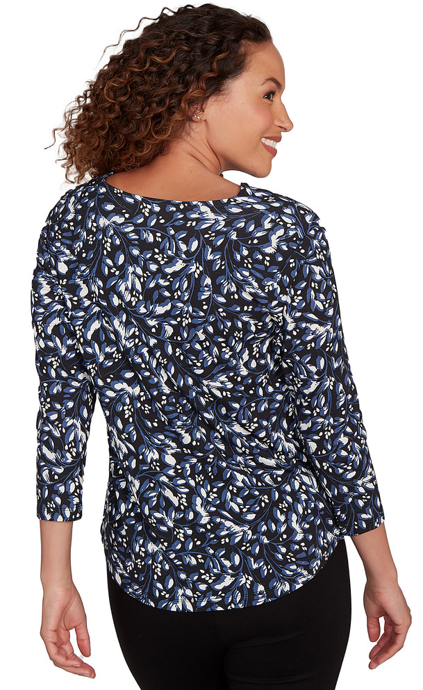TOP *PLUS* BLACK MULTI 3/4 SLV DRAPEY NK