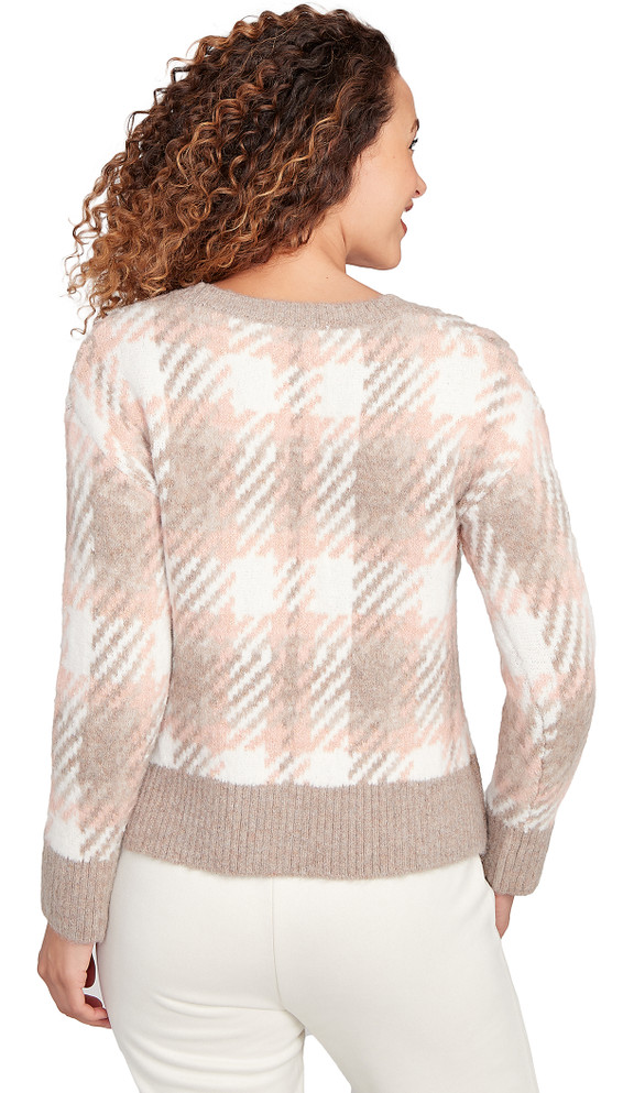 SWEATER *MISSY* PEACHSKIN COMBO CREW NK MET PLAID