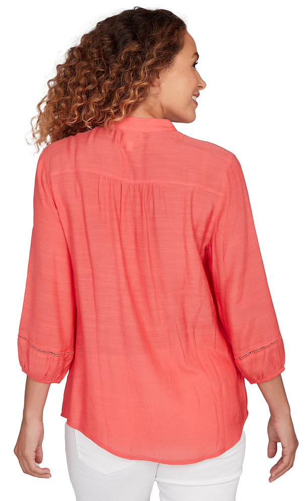 TOP *MISSY* DEEP CORAL STAND COLLAR SILKY SLUB