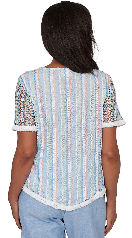 TOP *PLUS* BLUE MULTI TXTRE STRIPE W/FRINGE