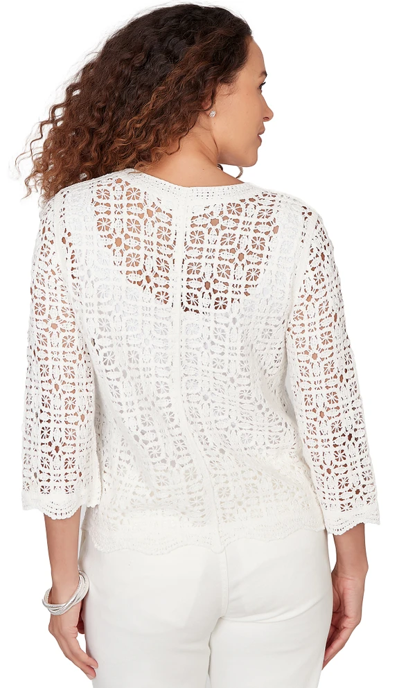 SWEATER *MISSY* SOFT WHITE 3/4 SLV VNK LACE W/BTNS