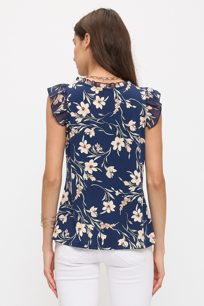 TANK *MISSY* NAVY PEACH IVORY FLORAL RUFFLE DETAIL