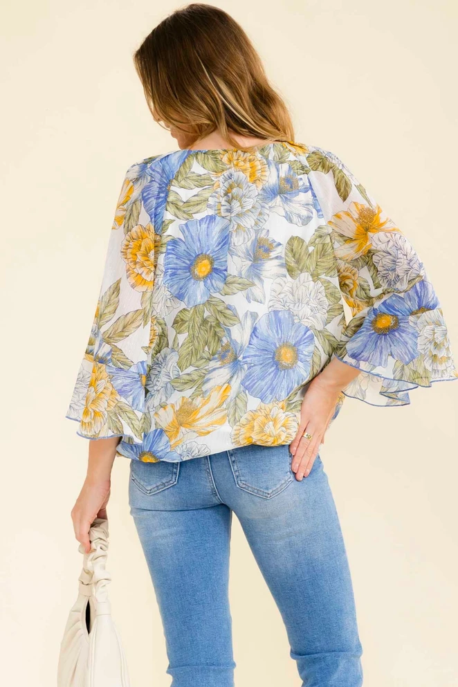 TOP *MISSY* IVORY BLUE MUSTARD METALLIC SLV PEASNT