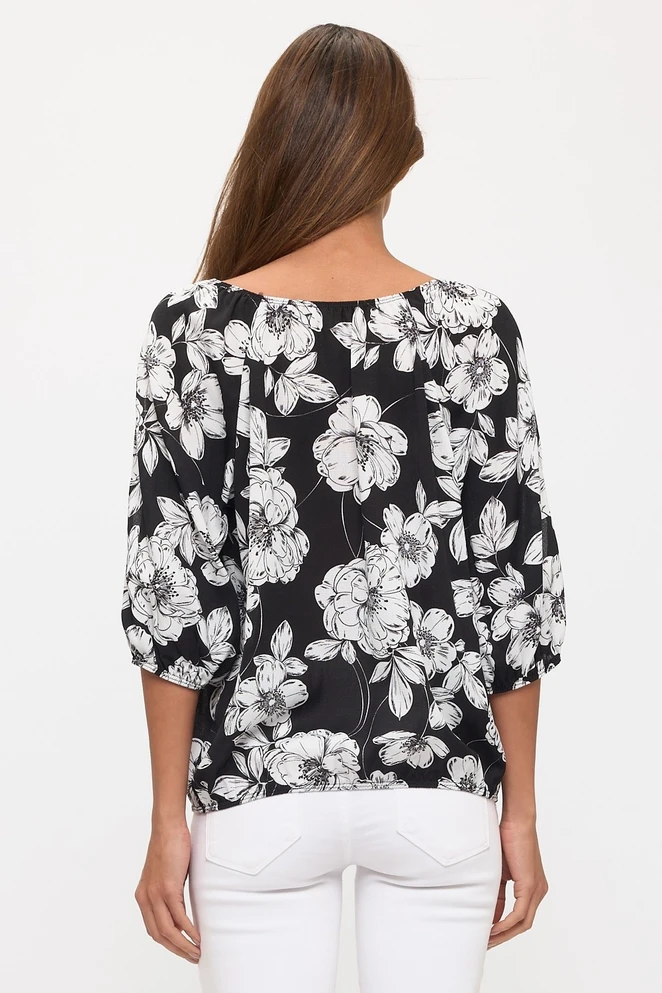 TOP *MISSY* BLACK IVORY FLORAL TIE NECK PEASANT